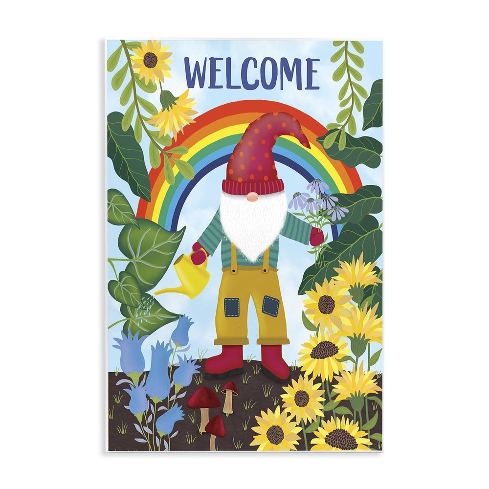 Rainbow Gnome Garden Welcome, 10 x 15 Inch Mounted Print on Wall Plaque
