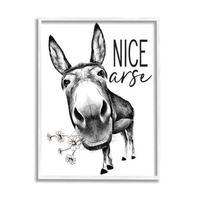 Stupell Industries Nice Arse Funny Donkey Pun Daisey Flowers, Designed by Lettered and Lined White Framed Wall Art, Black