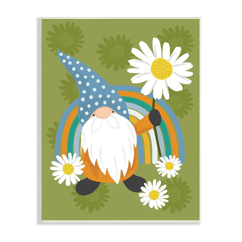 Stupell Industries Daisy Garden Gnome Blue Rainbow Floral Pattern