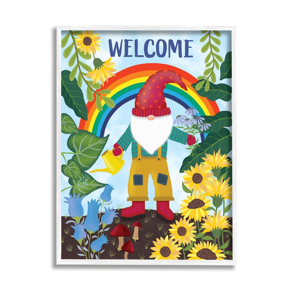 Stupell Industries Rainbow Welcome Garden Gnome Sunflowers Mushrooms
