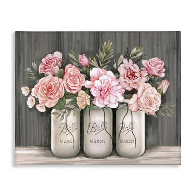 Stupell Industries Blossoming Pink Rose Bouquets Rustic Country Jars, Designed by Ziwei Li Canvas Wall Art, Grey