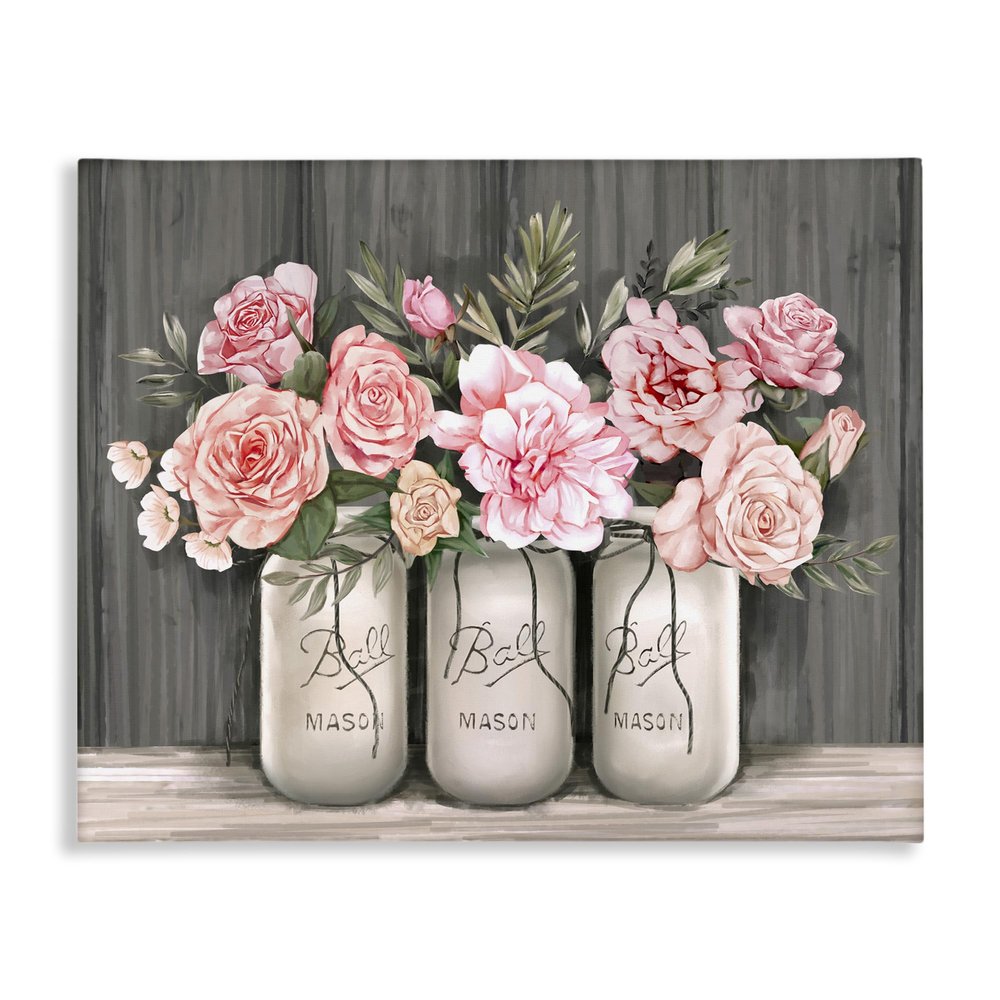 Stupell Industries Blossoming Pink Rose Bouquets Rustic Country Jars, Designed by Ziwei Li Canvas Wall Art, Grey