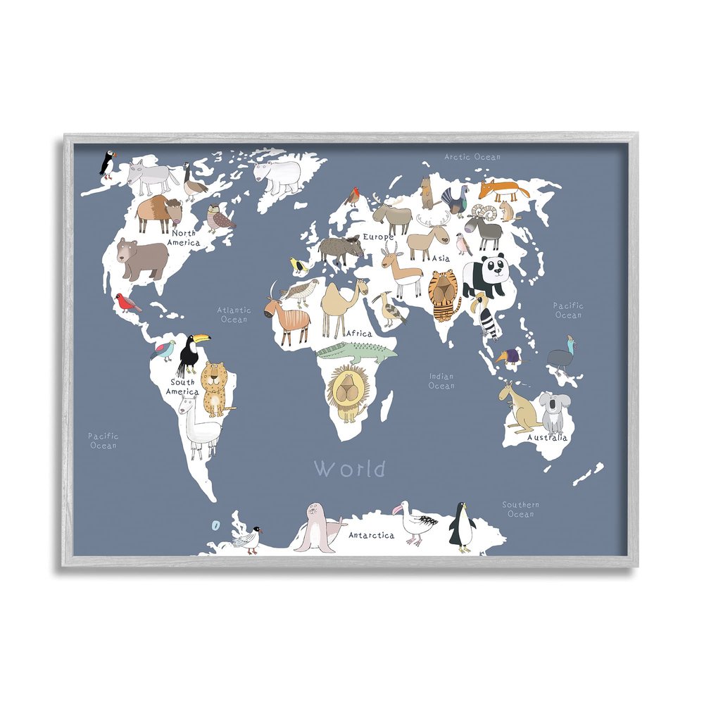 Stupell Industries Adorable Animal World Map Kid's Lion Tiger Bear