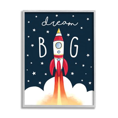 Stupell Industries Dream Big Sentiment Rocket Blast Off Starry Clouds, Designed by Elizabeth Tyndall Gray Framed Wall Art, Blue