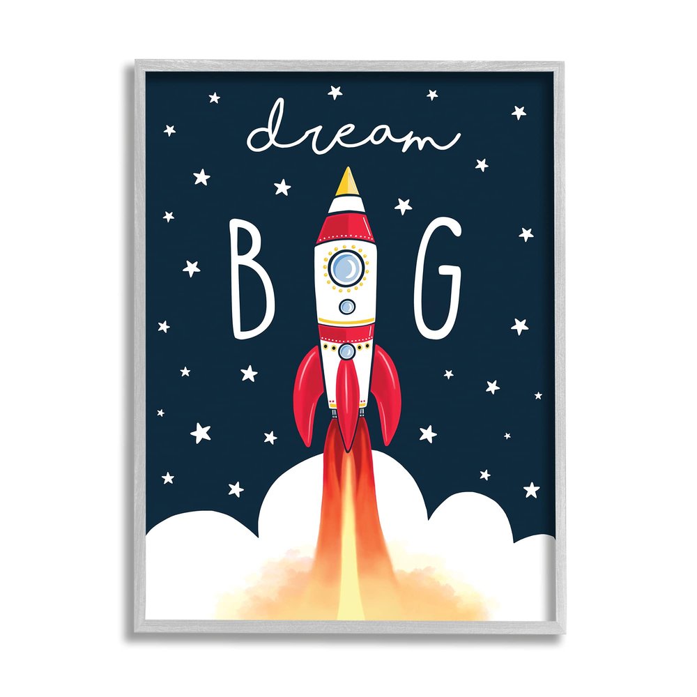 Stupell Industries Dream Big Sentiment Rocket Blast Off Starry Clouds, Designed by Elizabeth Tyndall Gray Framed Wall Art, Blue
