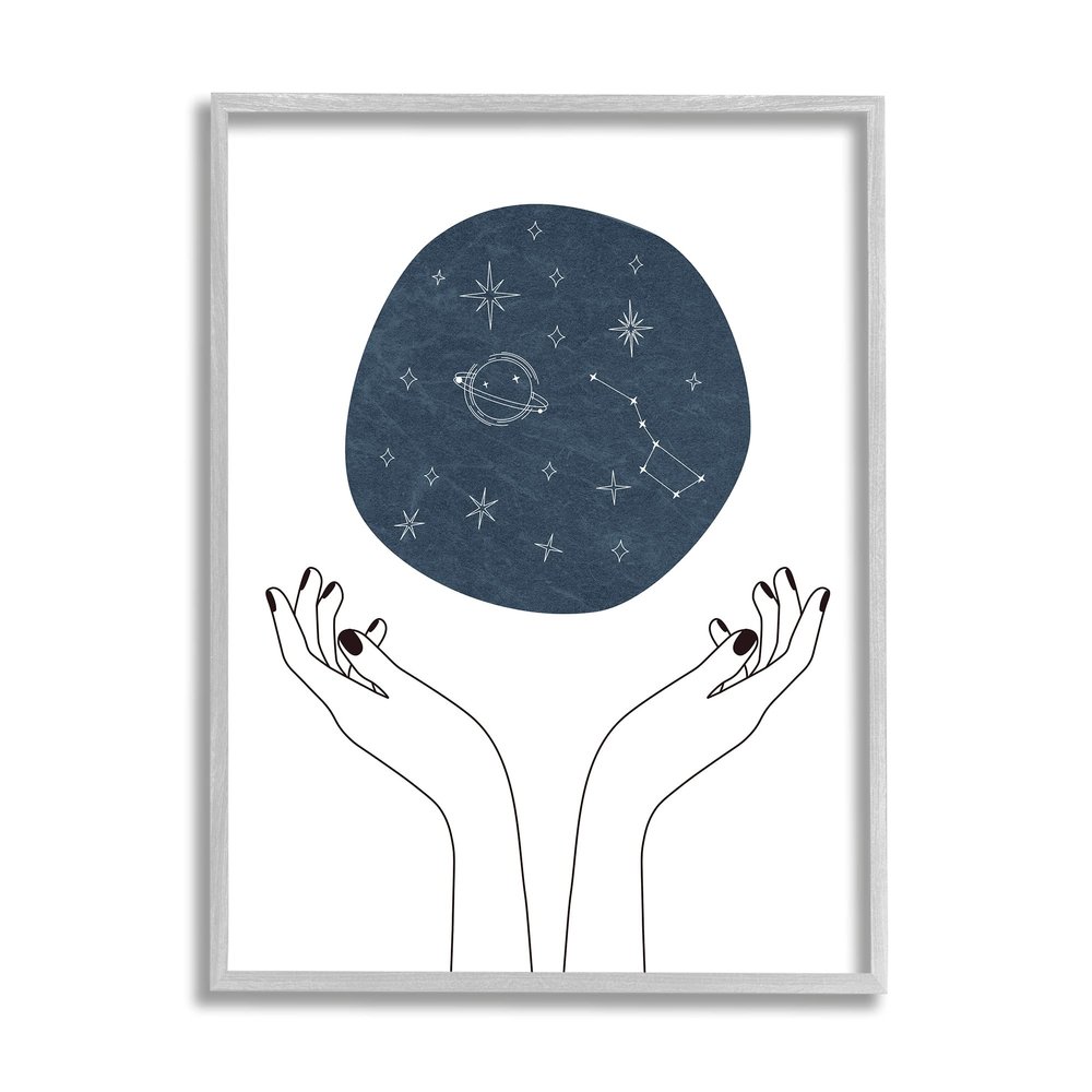 Stupell Industries Hands Holding Galaxy Constellations Minimal Blue, Designed by JJ Design House LLC Gray Framed Wall Art