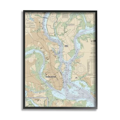 Stupell Industries Charleston South Carolina Nautical Map Daniel Island, Designed by Daphne Polselli Black Framed Wall Art, Blue