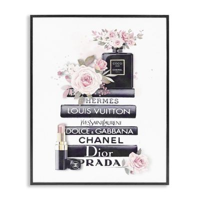 Stupell Industries 'Pink Roses and Toiletries Fashion Glam Bookstack', Framed Giclee Art, Black, 16 x 20 Inches, Easy to Hang and Sturdy, Made in USA, by ROS Ruseva