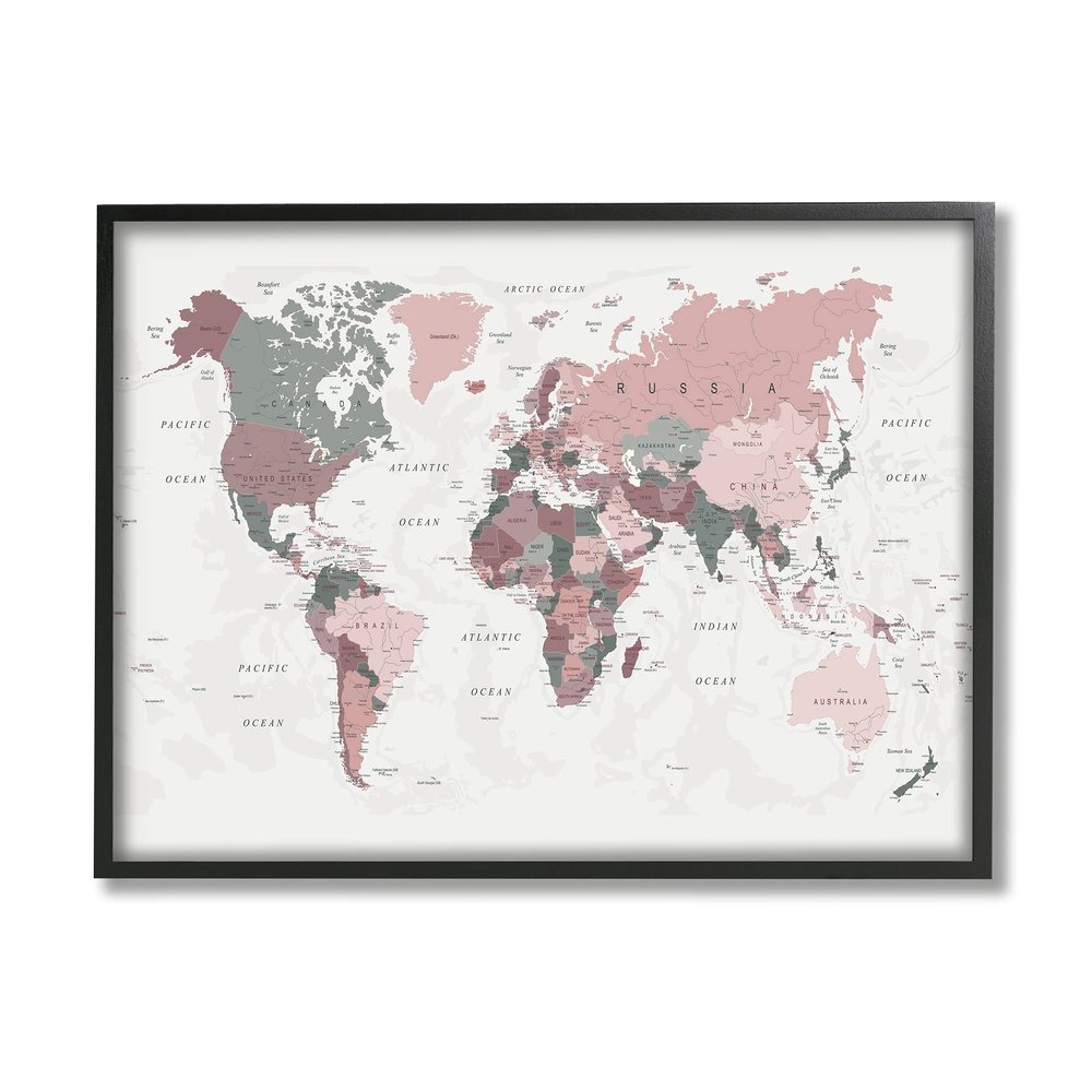 Stupell Industries World Map Patterned Waters Monochromatic Pink Regions