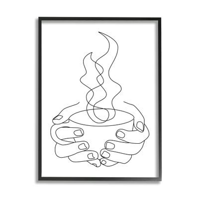 Stupell Industries Hands Grasping Hot Coffee Cup Minimal Line Drawing, Designed by JJ Design House LLC Black Framed Wall Art