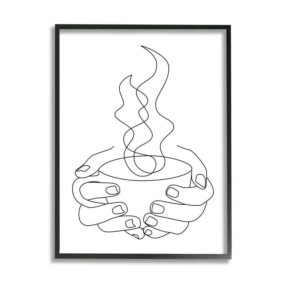 Stupell Industries Hands Grasping Hot Coffee Cup Minimal Line Drawing, Designed by JJ Design House LLC Black Framed Wall Art