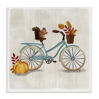 Stupell Industries Squirrel on Blue Bicycle Autumn Foliage Basket, Designed by Jackie Quigley Canvas Wall Art, 24 x 24, Off-White