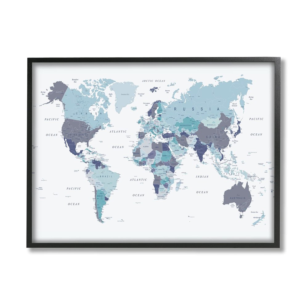 Stupell Industries World Map with Labels Monochromatic Blue Regions