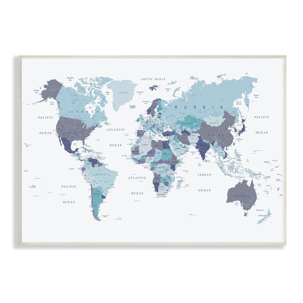 Stupell Industries World Map with Labels Monochromatic Blue Regions