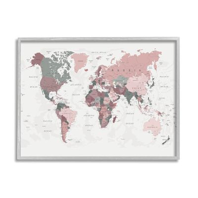 Stupell Industries World Map Patterned Waters Monochromatic Pink Regions