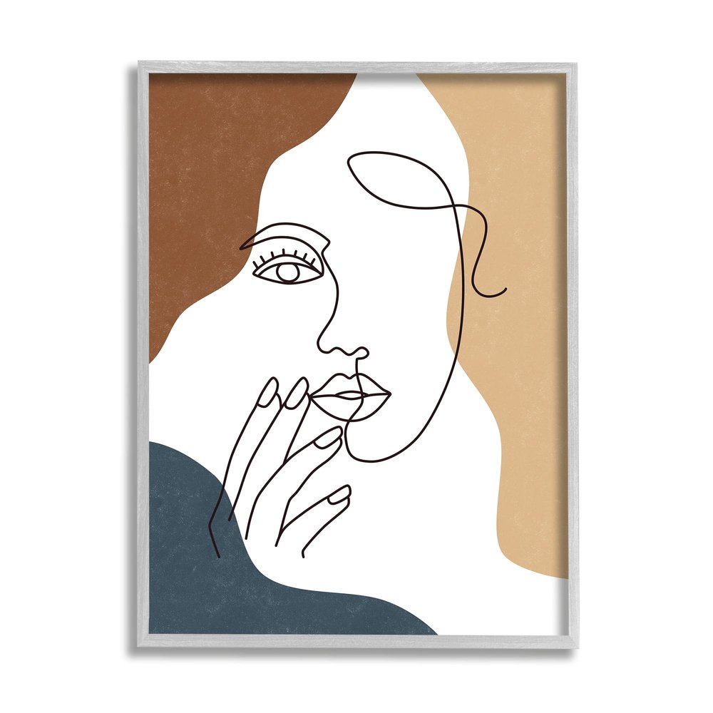 Stupell Industries Female Portrait Line Drawing Between Abstract Shapes, Designed by JJ Design House LLC Gray Framed Wall Art, Brown