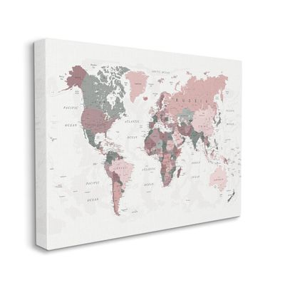 Stupell Industries World Map Patterned Waters Monochromatic Pink Regions