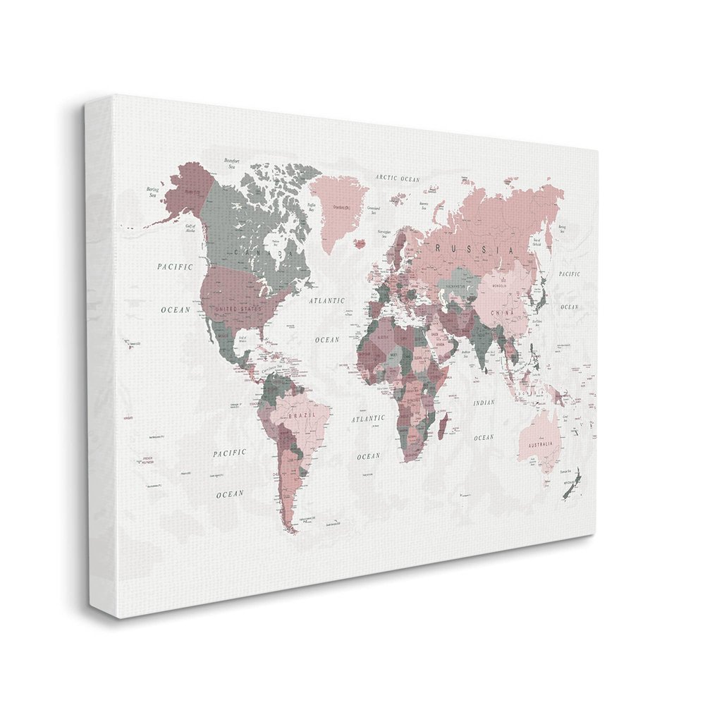 Stupell Industries World Map Patterned Waters Monochromatic Pink Regions
