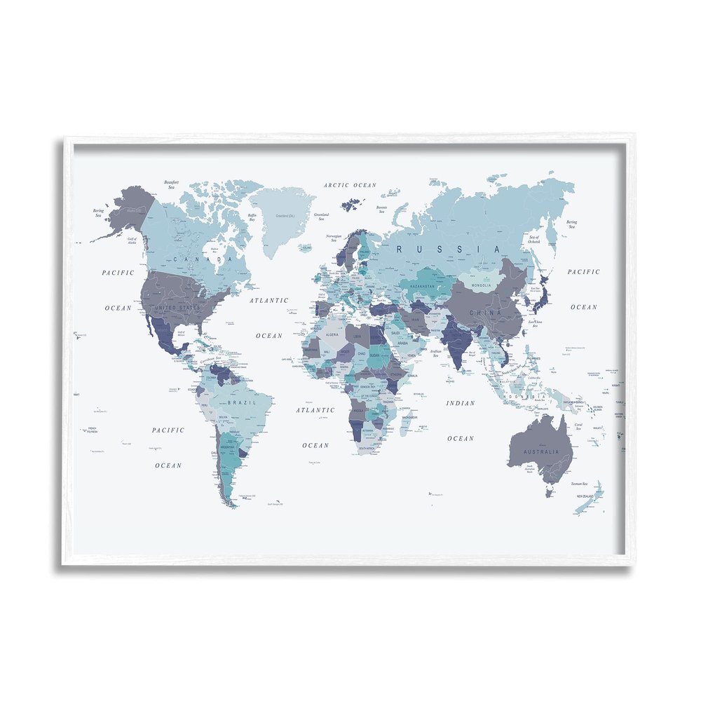 Stupell Industries World Map with Labels Monochromatic Blue Regions