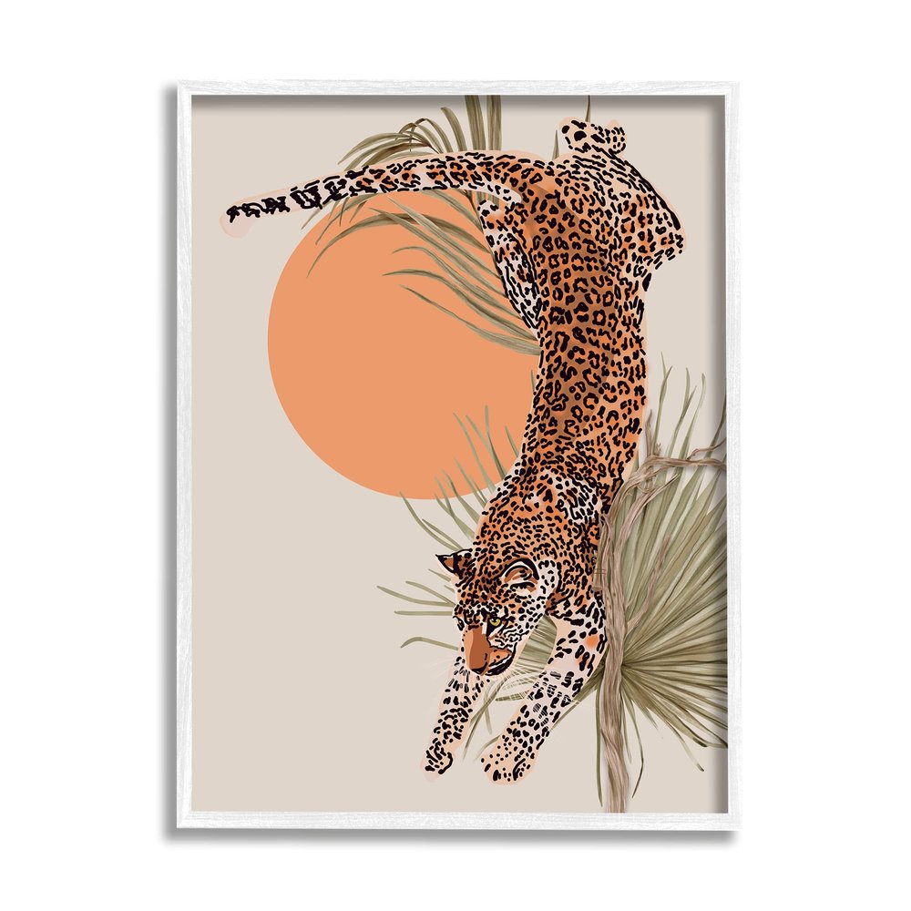 Stupell Industries Jungle Cat Leopard Pounce Orange Sun Palm Leaf