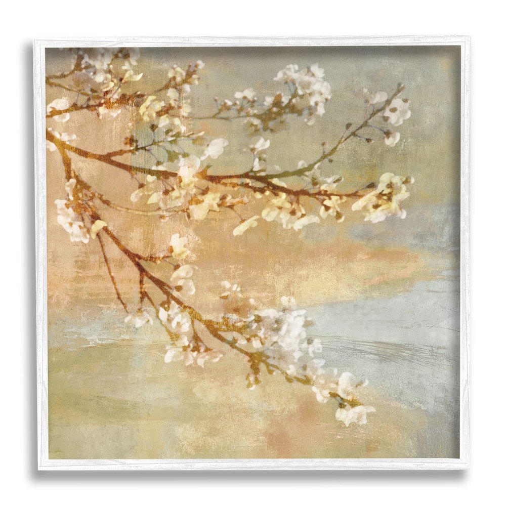 Stupell Industries Vintage Cherry Blossom Tree Branch Distressed Charm, Designed by John SEBA White Framed Wall Art, Beige