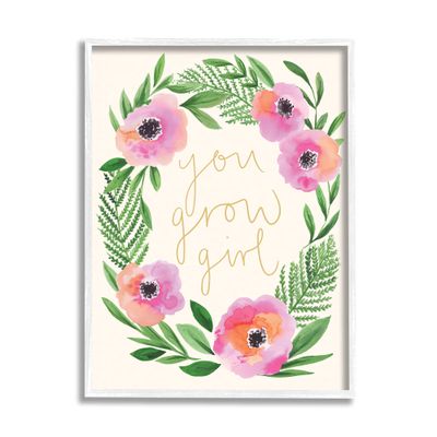Stupell Industries You Grow Girl Phrase Blushing Pink Orange Florals, Designed by Heather McLaughlin White Framed Wall Art, Green