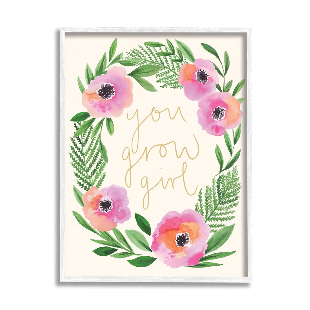 Stupell Industries You Grow Girl Phrase Blushing Pink Orange Florals, Designed by Heather McLaughlin White Framed Wall Art, Green