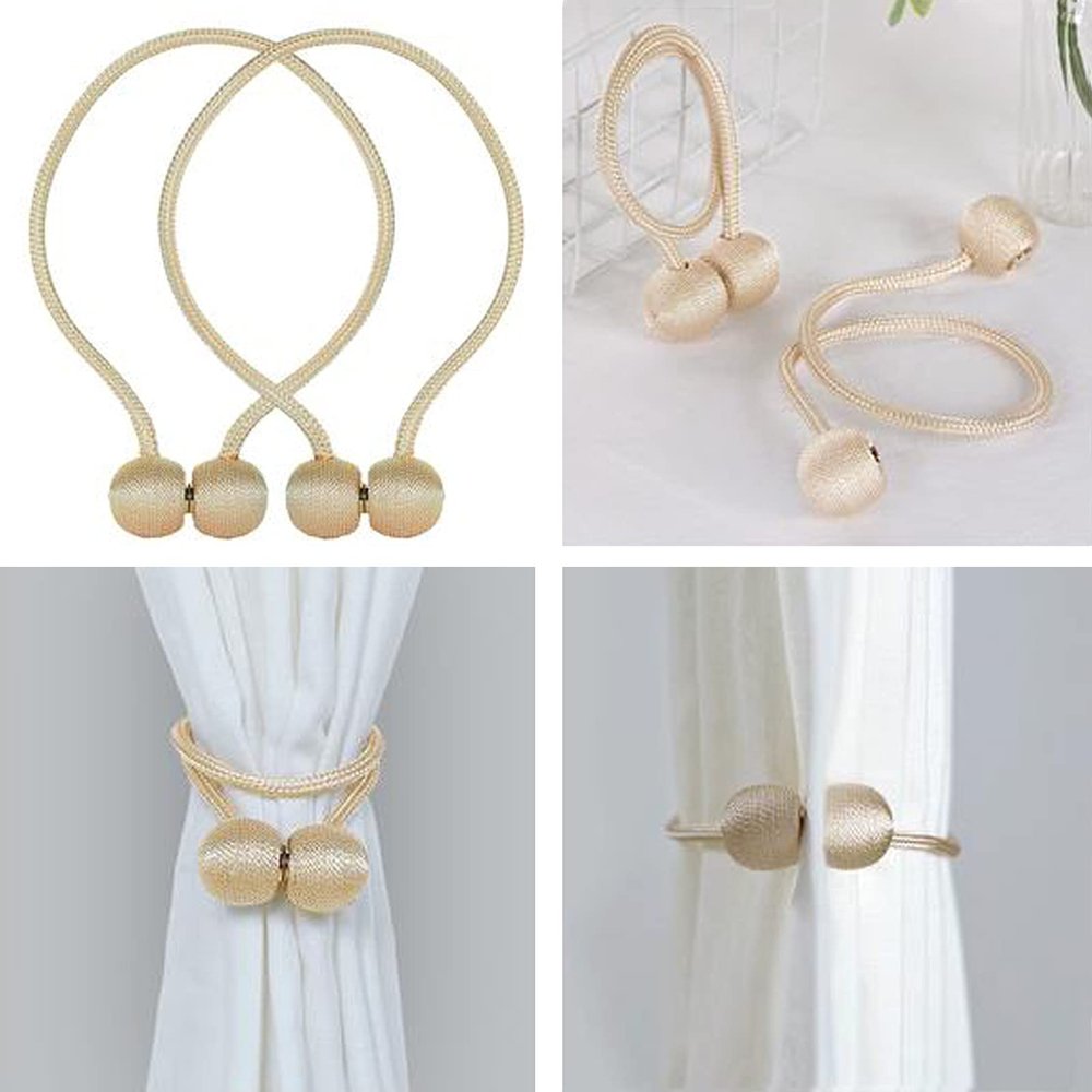 1 Pair Magnetic Curtain Tie Backs For Window Curtains and Drapes Magnetic Tie Band Home Office Decorative Drapes Weave Holdbacks Holders - Champagne