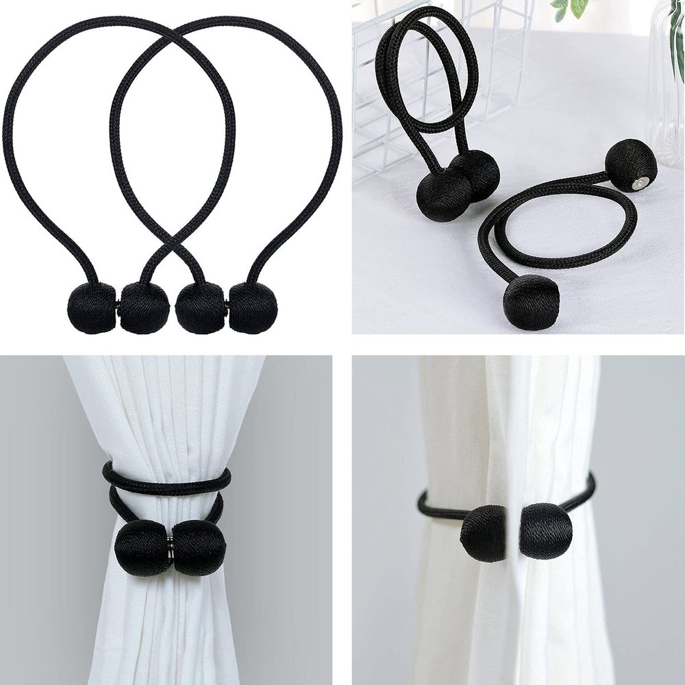1 Pair Magnetic Curtain Tie Backs For Window Curtains and Drapes Magnetic Tie Band Home Office Decorative Drapes Weave Holdbacks Holders - Black