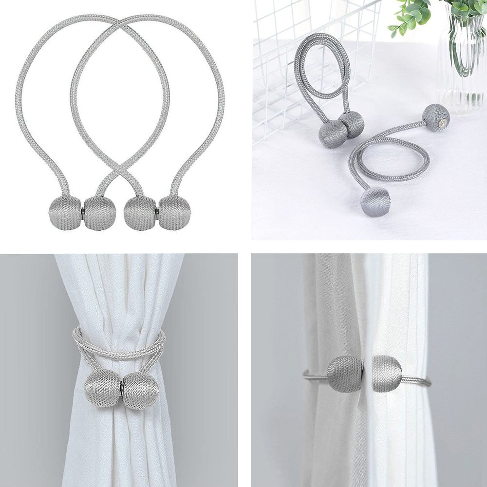 1 Pair Magnetic Curtain Tie Backs For Window Curtains and Drapes Magnetic Tie Band Home Office Decorative Drapes Weave Holdbacks Holders - Silver