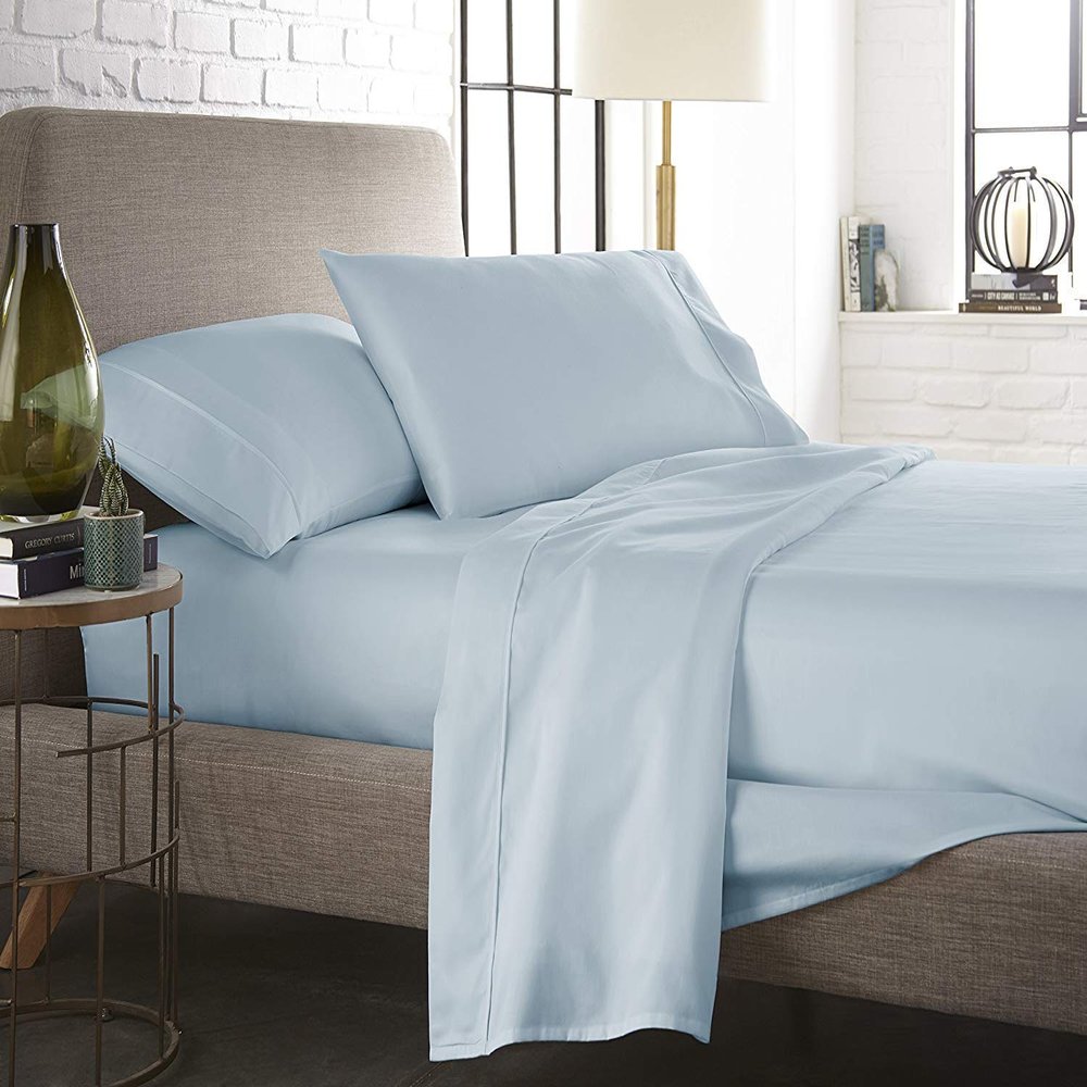 Aspire Linen True Luxury Pure Heavy Rich Giza Cotton 4-Piece Bed Sheets Set Queen Size Fits mattresses Upto 30-34 deep Pocket  Sateen Weave (Solid, Light Blue)