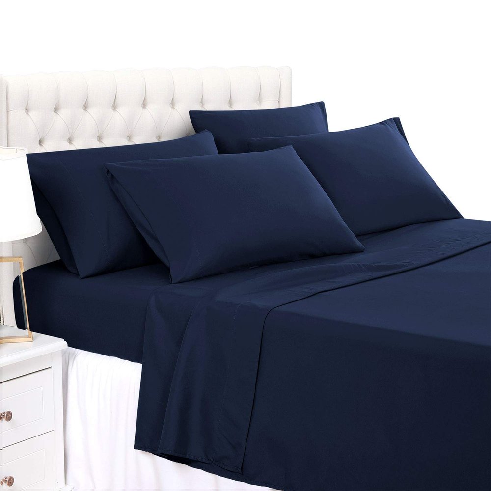 Aspire Linen True Luxury Pure Heavy Rich Giza Cotton 4-Piece Bed Sheets Set Queen Size Fits mattresses Upto 30-34 deep Pocket Sateen Weave (Solid, Navy Blue)
