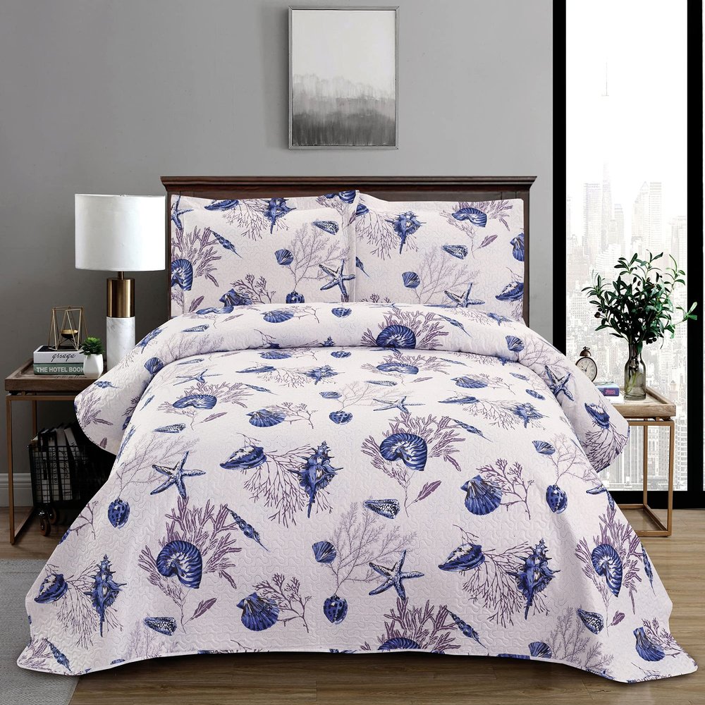 3-Piece Coastal Sea Life Quilt Set Queen Size(90x90in.) Beach Themed Vivid Seascape Blue Conch Starfish Coral Bedspread Coverlet,Lightweight All Season Bedding Set for Home Bedroom Decor(Multi,Queen)