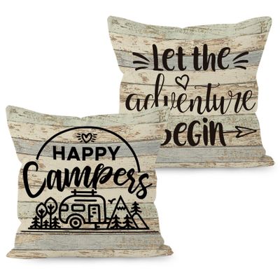 HUYAW Camping-Themed Decorative Throw Pillow Covers, 2 x 18" x 18" Beige Cotton Linen Blend, Rustic Letter Print, Perfect for Home Decor, Camping, Camper Gifts