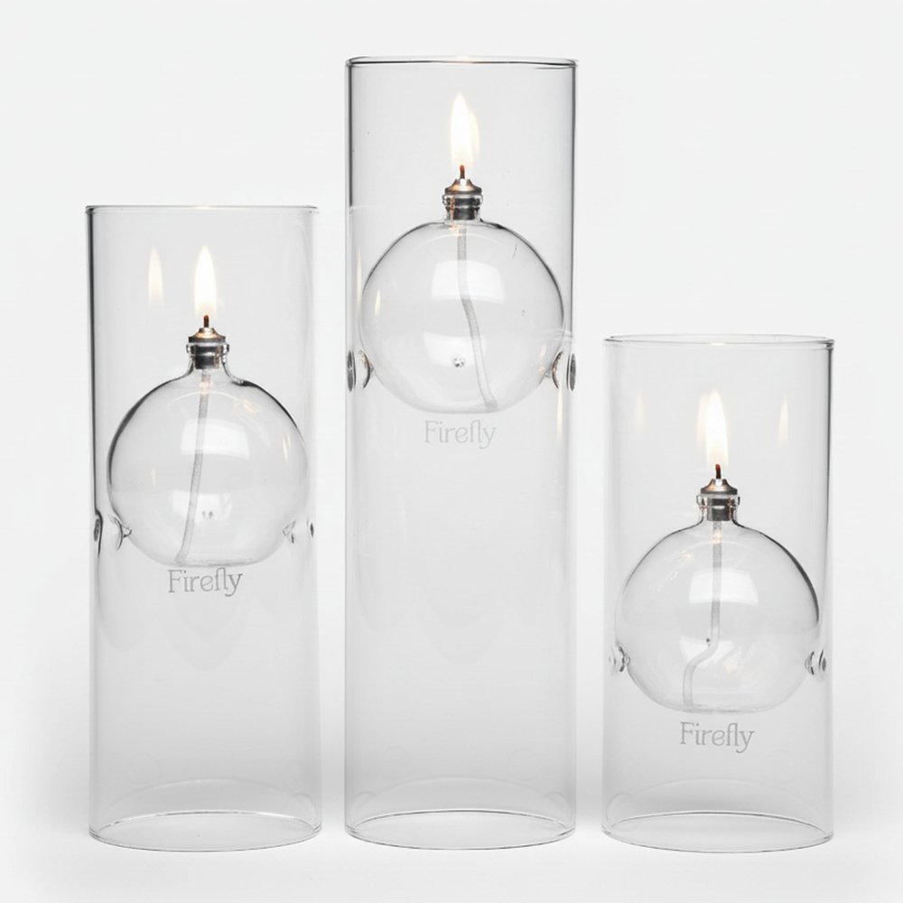 Firefly Fuels Refillable Glass Oil Candle - Transcend 8.38 Hurricane-Style Indoor/Outdoor Lantern. Clean Candle for Dining, Events, and Emergency Lighting. Use with Liquid Paraffin or Lamp Oil