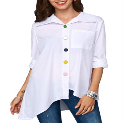 Andongnywell Casual Lapel Roll up Sleeve Irregular Hem Shirt Pocket Women's Summer Solid Color Oversized Tops (White,7,4X-Large)