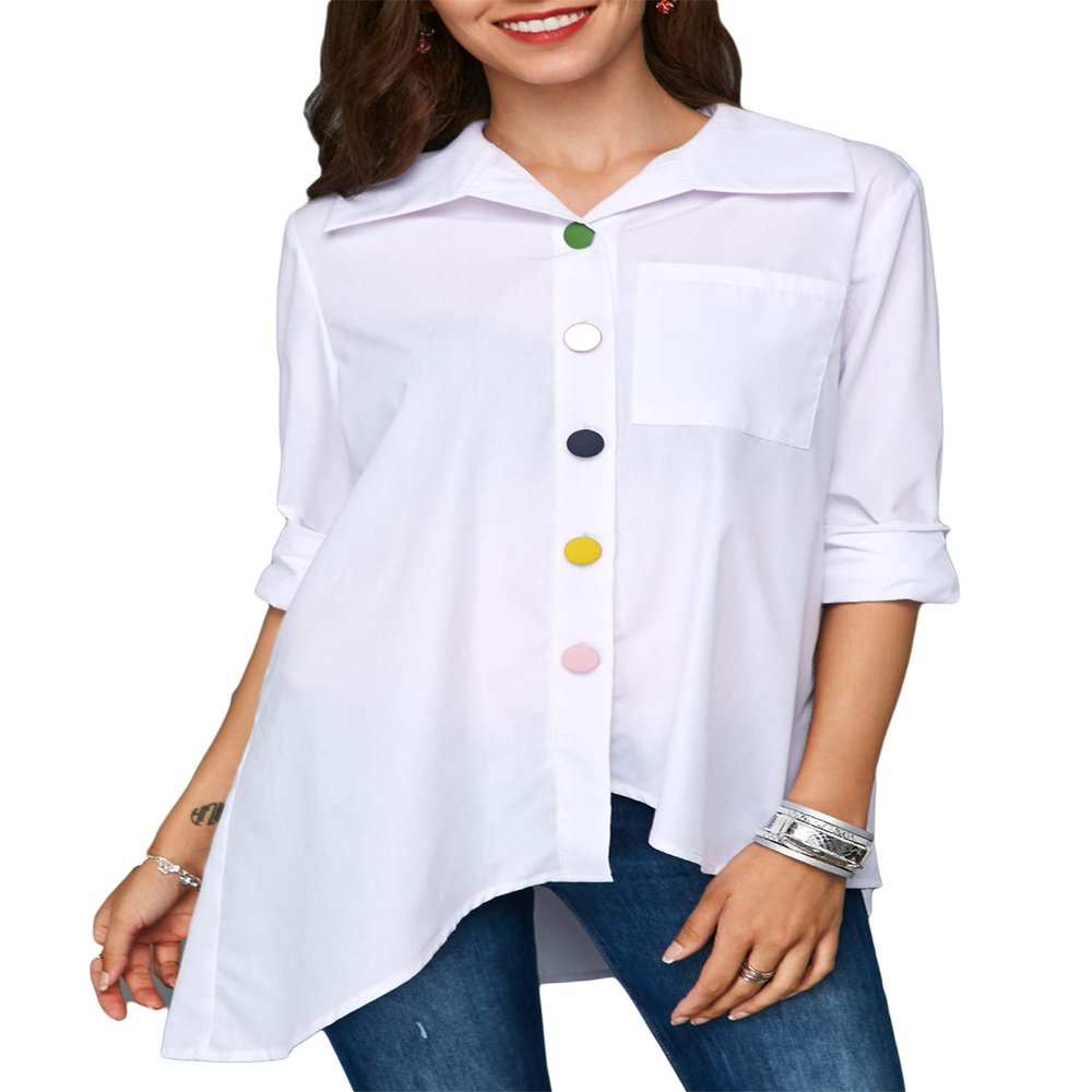 Andongnywell Casual Lapel Roll up Sleeve Irregular Hem Shirt Pocket Women's Summer Solid Color Oversized Tops (White,7,4X-Large)