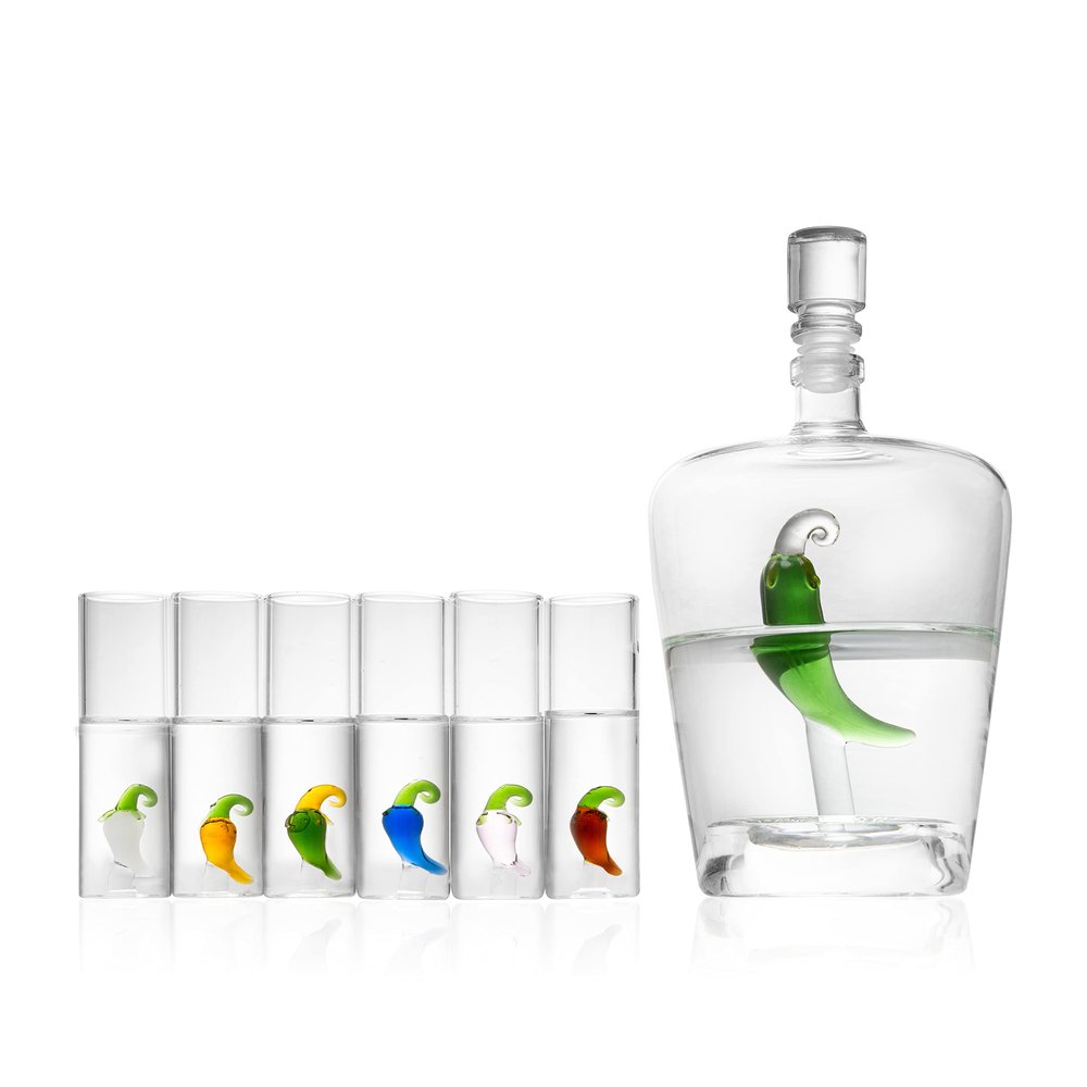 Tequila Decanter Set with Pepper Decanter and 6 Jalapeo Shot Glasses Set, Perfect for Holiday Gifts for Tequila Lovers, 25 Ounce Bottle, 3 Ounce Shot Glasses Cinco De Mayo, Reposado Gift (Pepper)