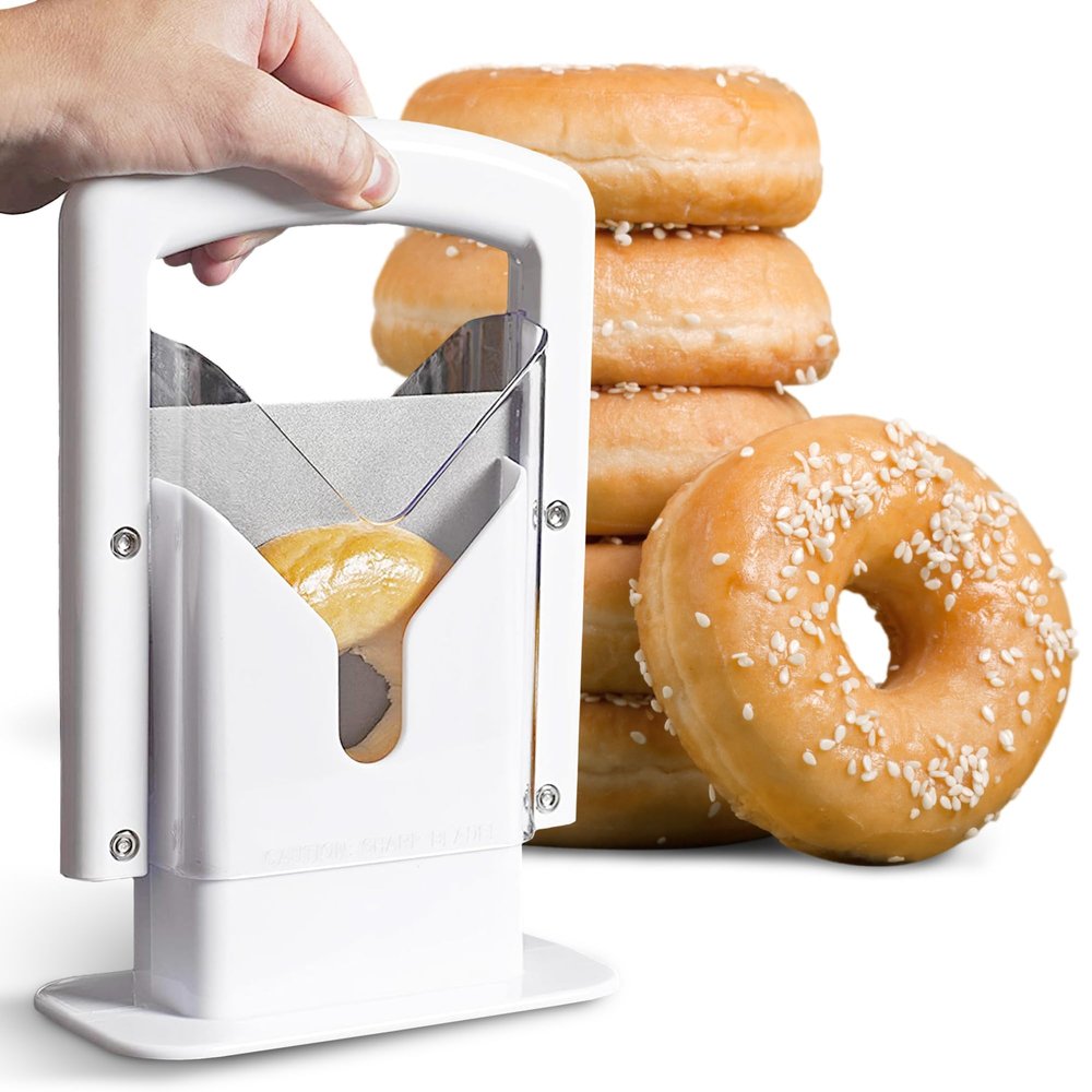 Cheer Collection Guillotine Style Bagel Slicer with Safety Shield - Sharp Serrated Stainless Steel Blade for Cutting Bagels - Fits Bagels up to 2" Thick and 4.5" Diameter