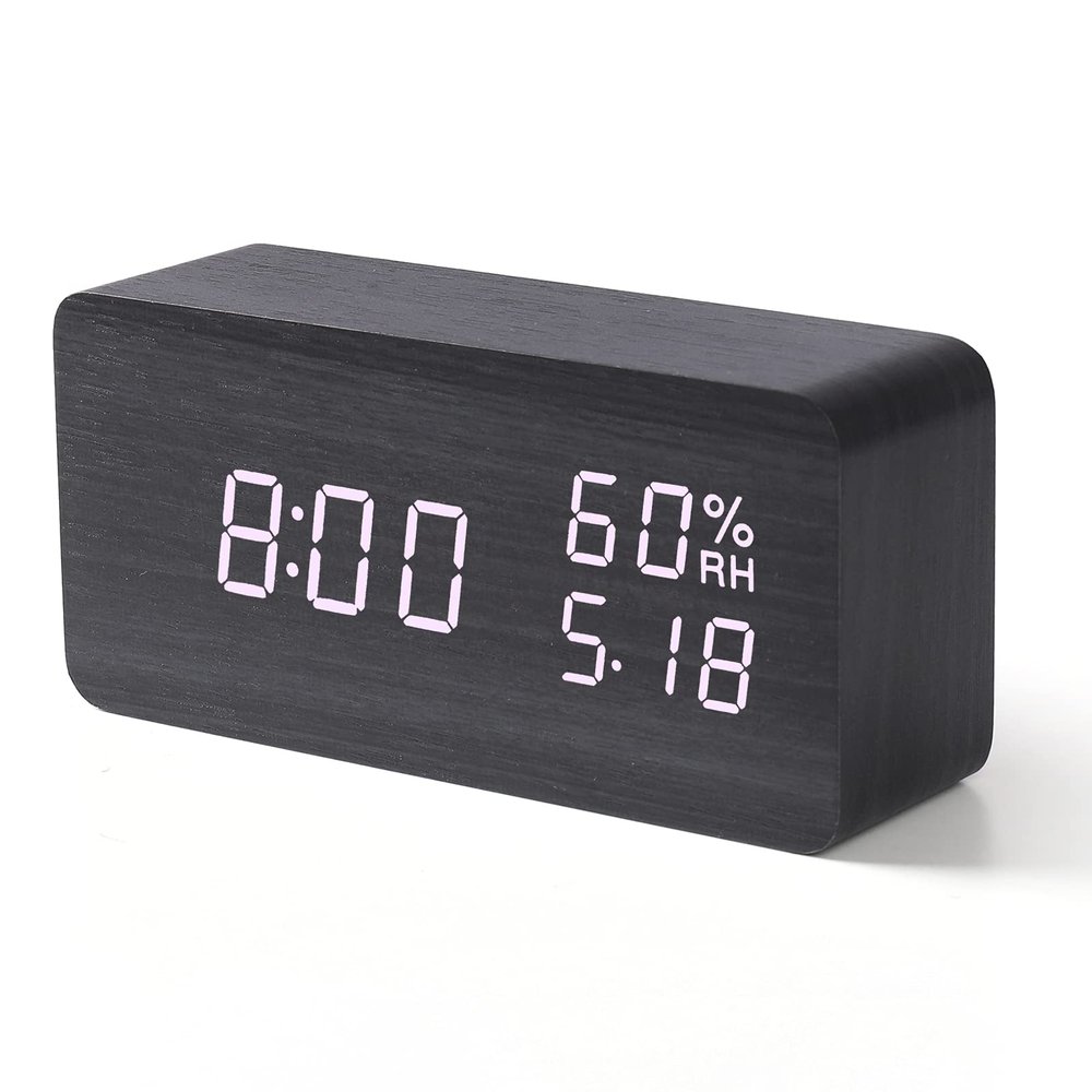 Dasike Wooden Digital Alarm Clock, Multifunctional Digital Display, 3 Alarm Settings, Weekend Mode, Snooze, Brightness Adjustable, Suitable for Living Room, Bedroom and Kitchen (Black)