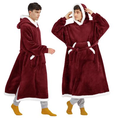 Bedsure Wearable Blanket Hoodie, Long Hooded Blanket Sweatshirt as Christmas Birthday Gifts for Men, Cozy Sherpa Hoodie for Adult, Oversize, Burgundy