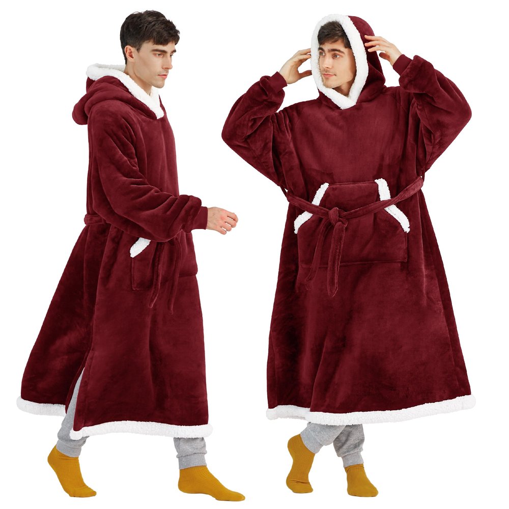 Bedsure Wearable Blanket Hoodie, Long Hooded Blanket Sweatshirt as Christmas Birthday Gifts for Men, Cozy Sherpa Hoodie for Adult, Oversize, Burgundy