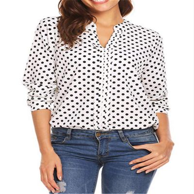 Andongnywell Womens Printed Long Sleeve V Neck Casual Dot Print Chiffon Blouses Tops T Shirts Tunics (White,2,Medium)