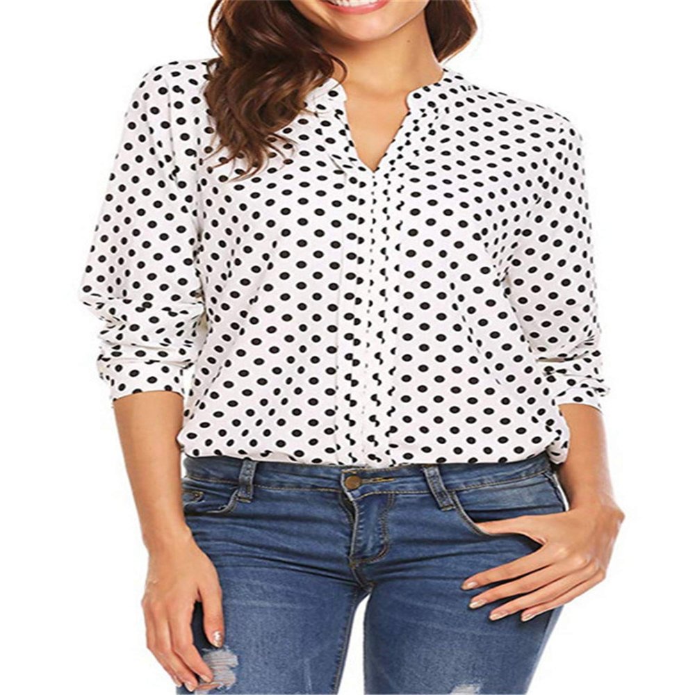 Andongnywell Womens Printed Long Sleeve V Neck Casual Dot Print Chiffon Blouses Tops T Shirts Tunics (White,2,Medium)