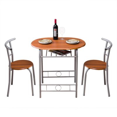 3 Piece Dining Table Set Kitchen Wood Dining Table Furniture Set and 2 Chairs Wooden Round Table & Chair Set Compact Space with Steel Frame and Wine Rack for Kitchen, Dining Room (Ship from USA)