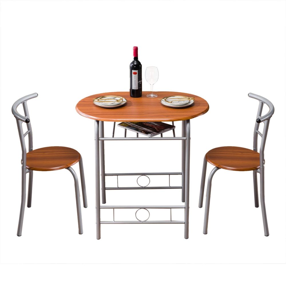 3 Piece Dining Table Set Kitchen Wood Dining Table Furniture Set and 2 Chairs Wooden Round Table & Chair Set Compact Space with Steel Frame and Wine Rack for Kitchen, Dining Room (Ship from USA)