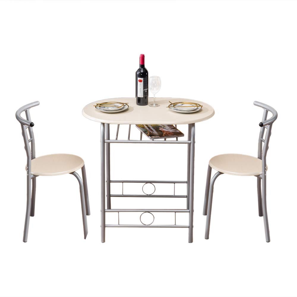 3 Piece Dining Table Set - Wooden Round Table & 2 Chairs with Steel Frame & Wine Rack for Kitchen, Dining Room (Ship from USA)