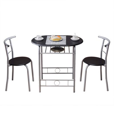 3 Piece Dining Table Set - Wooden Round Table & 2 Chairs with Steel Frame & Wine Rack for Kitchen, Dining Room (Ship from USA)