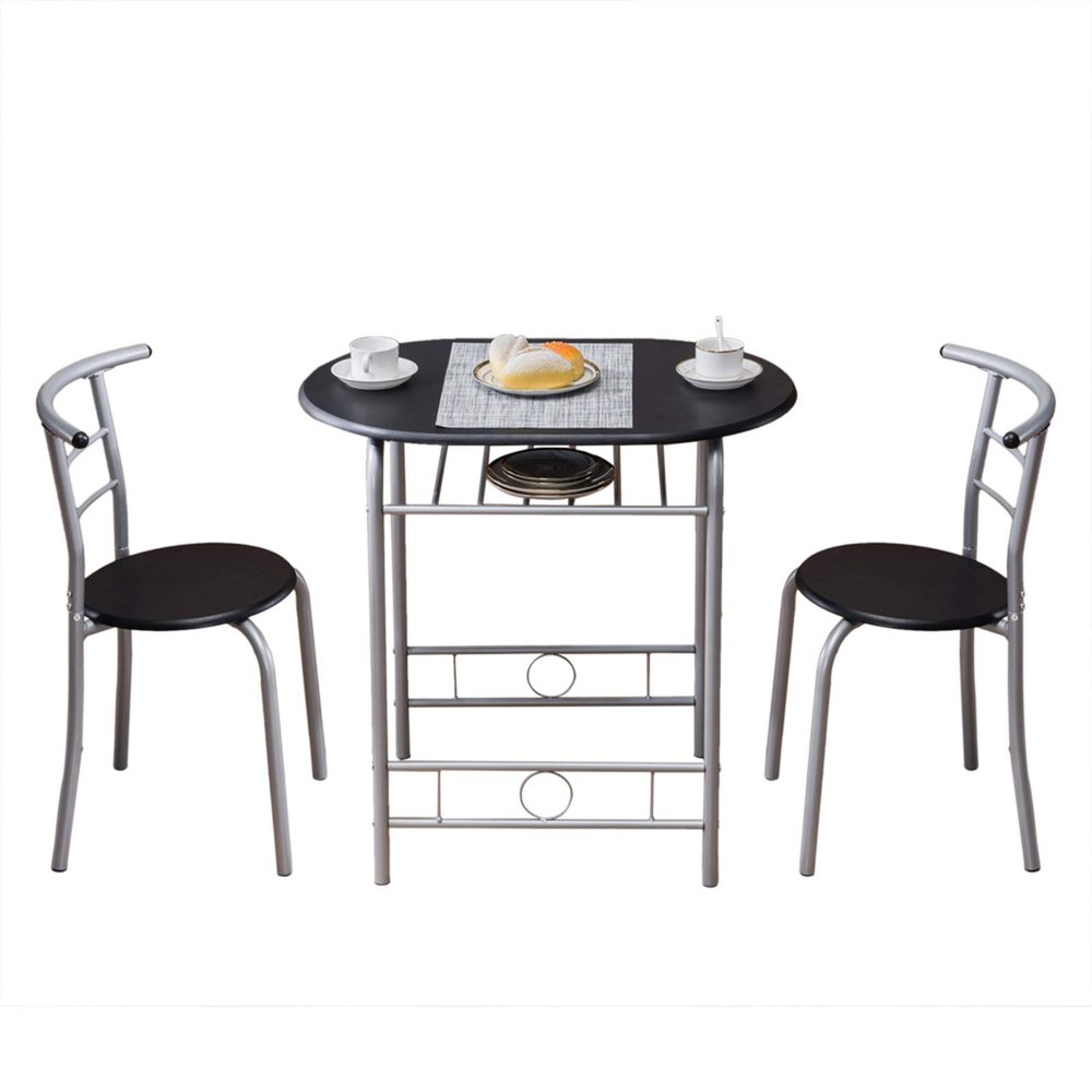 3 Piece Dining Table Set - Wooden Round Table & 2 Chairs with Steel Frame & Wine Rack for Kitchen, Dining Room (Ship from USA)