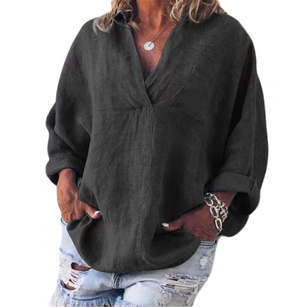 Andongnywell Women's Solid Color Long Sleeve V Neck Cardigan Buttons Tops Button Shirts Blouses Button Shirt (Black,3,Large)